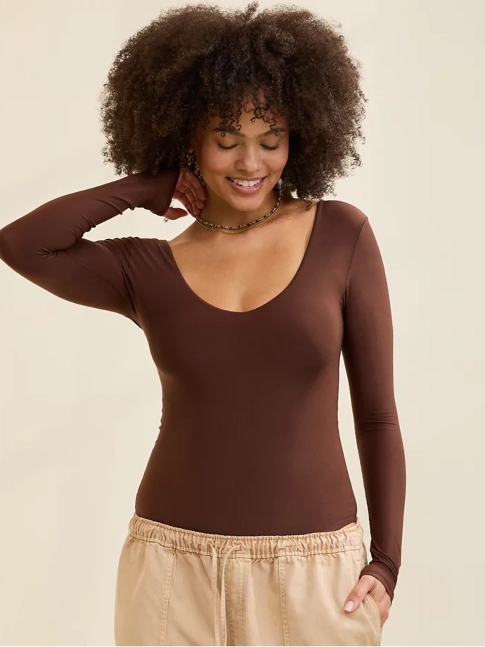 Aerie By Real Me SMOOTHEZ Long Sleeve Plunge Bodysuit - Long Sleeve Brown